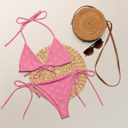 Smiley Face Print Recycled String Bikini Swimsuit