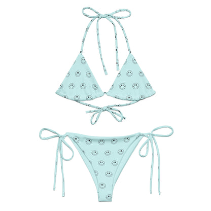 Baby Blue Smiley Face print recycled string bikini