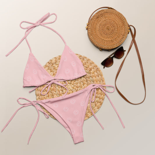 Baby Pink Smiley Face print recycled string bikini