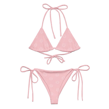Baby Pink Smiley Face print recycled string bikini